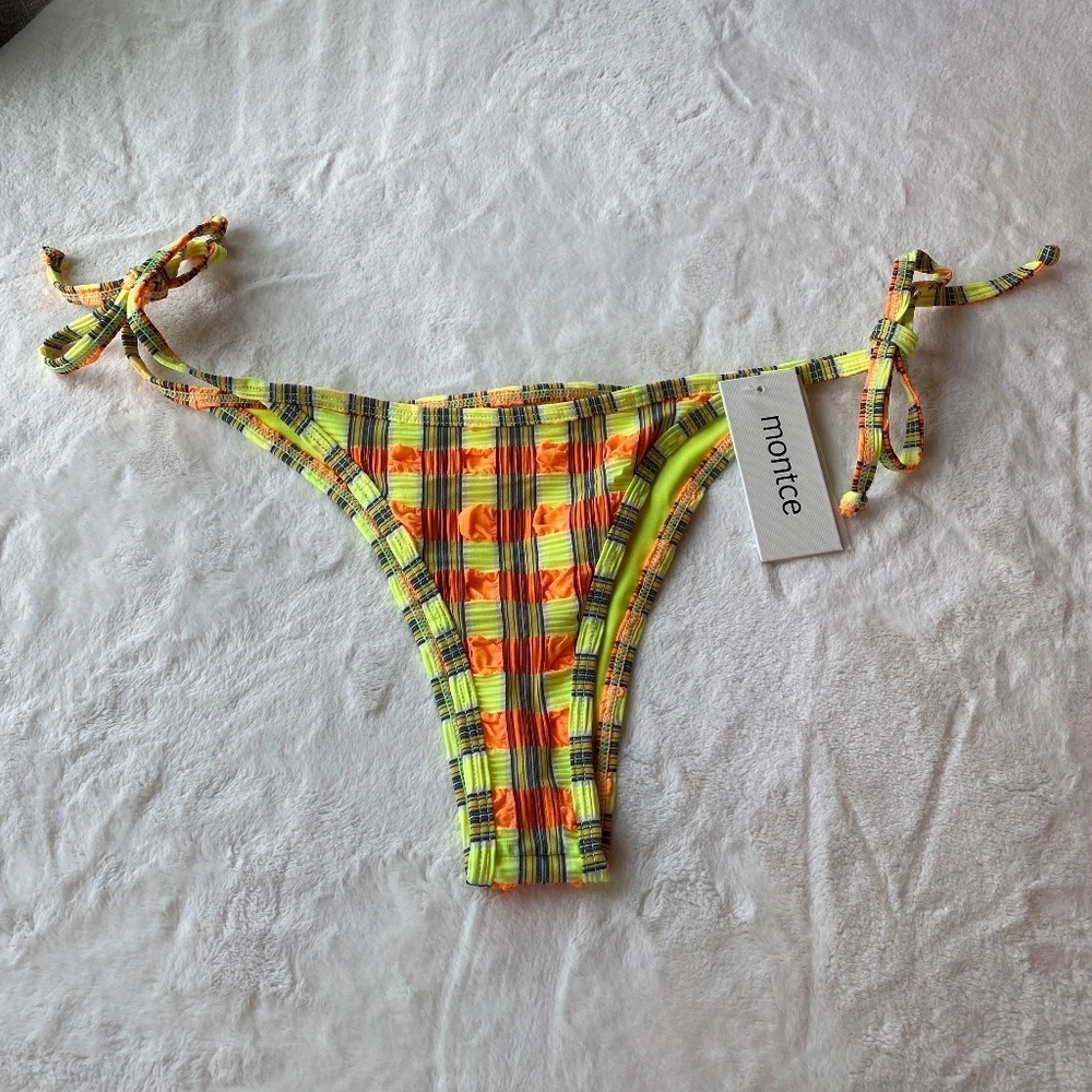 New! Montce neon plaid tie-up side tie bikini bottom Brazilian 19335 - Picture 6 of 13